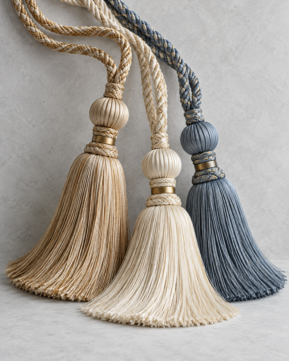 Decorative curtain tiebacks in champagne gold, ivory and slate blue, with fine braided cords